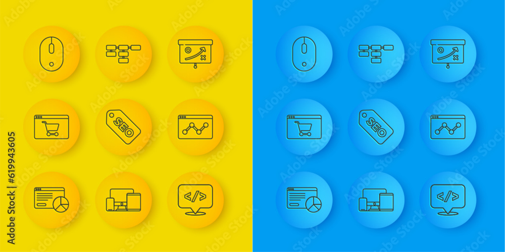 Poster set line website statistic, online shopping on screen, seo optimization, front end development, comp