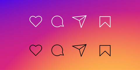 Like, comment, send, save on gradient background. Icon UI set on modern backdrop. Social media symbols in white and black colours. Social media interface icon app. Vector illustration.