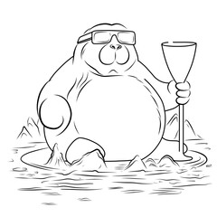 Walrus on the beach. North Pole world.Simple line illustration for coloring walrus.Coloring page.