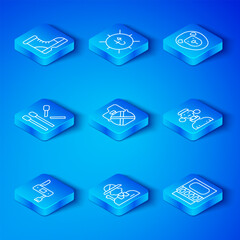 Set line Swiss army knife, Canteen water bottle, Hunter, African tribe male, Wild lion, Matches, boots and Matchbox and matches icon. Vector