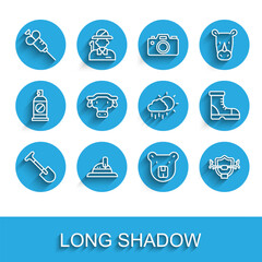 Set line Shovel, Hunter hat, Syringe, Bear head, Deer antlers on shield, African buffalo, boots and Cloud with rain icon. Vector