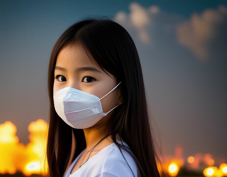 A young Asian girl wearing a mask with fires blazing behind her in the background, created with generative AI