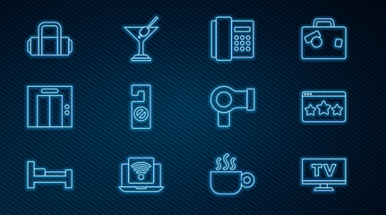Set line Smart Tv, Five stars rating review, Telephone handset, Please do not disturb, Lift, Suitcase, Hair dryer and Martini glass icon. Vector