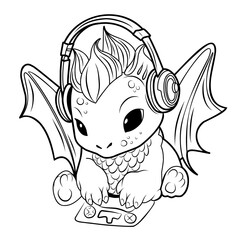 Cute dragon for gamer.Game addict.Simple line illustration for coloring book.Dragon year 2024 coloring page.