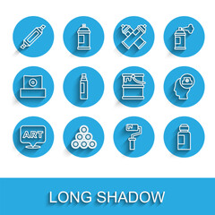 Set line Speech bubble with text art, Paint spray can, Marker pen, roller brush, Paint, gouache, jar, dye, Spray nozzle cap and bucket icon. Vector