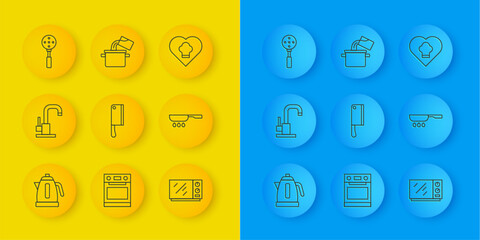 Set line Electric kettle, Water tap, Meat chopper, Microwave oven, Frying pan, Spatula, Chef hat and Cooking pot icon. Vector