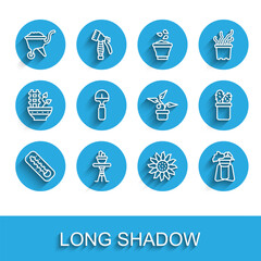 Set line Meteorology thermometer, Plant in pot on table, Wheelbarrow with dirt, Flower, stand, Shovel, Cactus peyote and icon. Vector