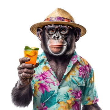 a cheeky Chimpanzee, a party animal in a Hawaiian shirt holding a drink in a Fun Party-themed, photorealistic illustration in a PNG, cutout, and isolated. Generative AI