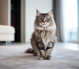 Fluffy gray cat stands on white carpet in modern apartment generative ai