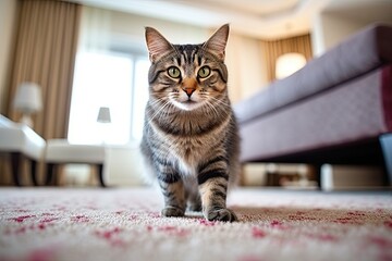 Tabby gray cat stands on carpet in modern apartment generative ai