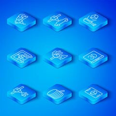 Set line 3D printer house, warning, Filament for, scanner with cube, and software icon. Vector