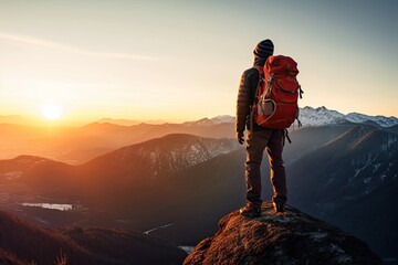 Man with backpack stands on top of mountain and looking at landscape with mountain ranges, travel or successful business concept generative ai - obrazy, fototapety, plakaty