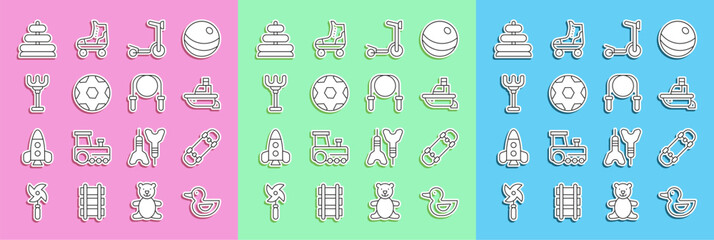 Set line Rubber duck, Skateboard, Toy boat, Roller scooter, Soccer football ball, Rake toy, Pyramid and Jump rope icon. Vector