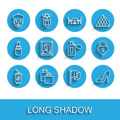 Set line Coffee cup to go, Paper shopping bag, French mime, Flag France, Woman shoe, Portrait picture museum, Castle the shape heart and Perfume icon. Vector