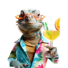 an Iguana as a party animal in a Hawaiian shirt holding a drink in a Fun Party-themed, photorealistic illustration in a PNG, cutout, and isolated. Generative AI
