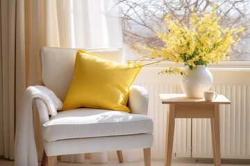 white chair with yellow pillow in front of a window