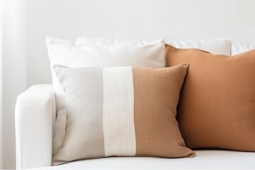 Fototapeta na wymiar cozy bedroom with comfortable furniture, white textiles, pillows, scandinavian style design