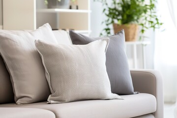 white sofa with grey pillows, scandinavian style design