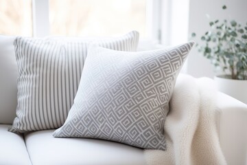 cozy living room with soft sofa and grey throw pillows, scandinavian style design