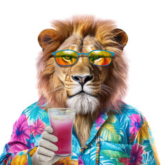Fototapeta na wymiar a Male Lion as a party animal, a cool cat, in a Hawaiian shirt holding a drink in a Fun Party-themed, photorealistic illustration in a PNG, cutout, and isolated. Generative AI