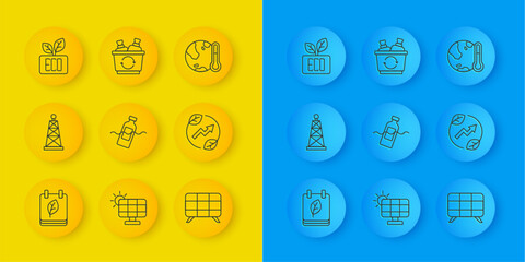 Set line Calendar with autumn leaves, Oil rig, The problem of pollution, Solar energy panel, Electric saving plug in leaf, Leaf Eco symbol, Earth melting to global warming and Recycle bin icon. Vector
