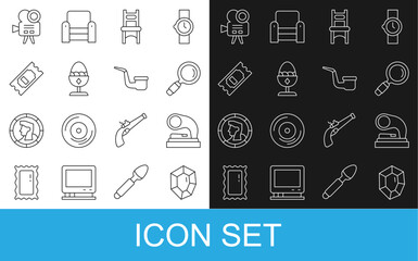 Set line Gem stone, Old gramophone, Magnifying glass, Chair, Chicken egg stand, Cinema ticket, Retro cinema camera and Smoking pipe icon. Vector