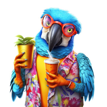 Fototapeta  a Macaw as a party animal, a cool cat, in a Hawaiian shirt holding a drink in a Fun Party-themed, photorealistic illustration in a PNG, cutout, and isolated. Generative AI