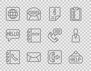 Set line Phone book, Signboard with text Help, Information, Mail and e-mail, Worldwide, Notebook, Outgoing call phone and Employee icon. Vector