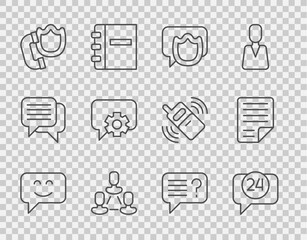 Set line Smile face, Telephone 24 hours support, Speech bubble chat, Employee hierarchy, handset with shield, Unknown search and File document icon. Vector