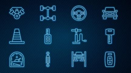 Set line Car key with remote, Steering wheel, Traffic cone, Power car engine, air pump and Chassis icon. Vector