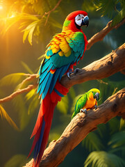 Colorful macaw parrot flying in the sky and in the forest