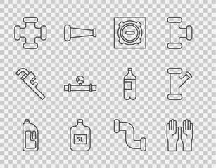 Set line Container with drain cleaner, Rubber gloves, Manhole sewer cover, Big bottle water, Industry metallic pipe, and manometer, and icon. Vector