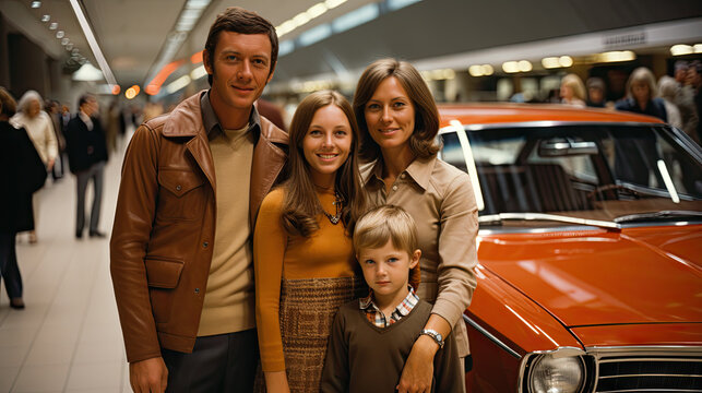 A family goes shopping in a 1970's / 1980's retro style. 