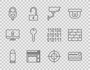 Set line Bullet, Credit card, Security camera, Website template, Lock and key, Key, Target sport and Bricks icon. Vector