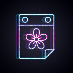 Glowing neon line Calendar with flower icon isolated on black background. Vector