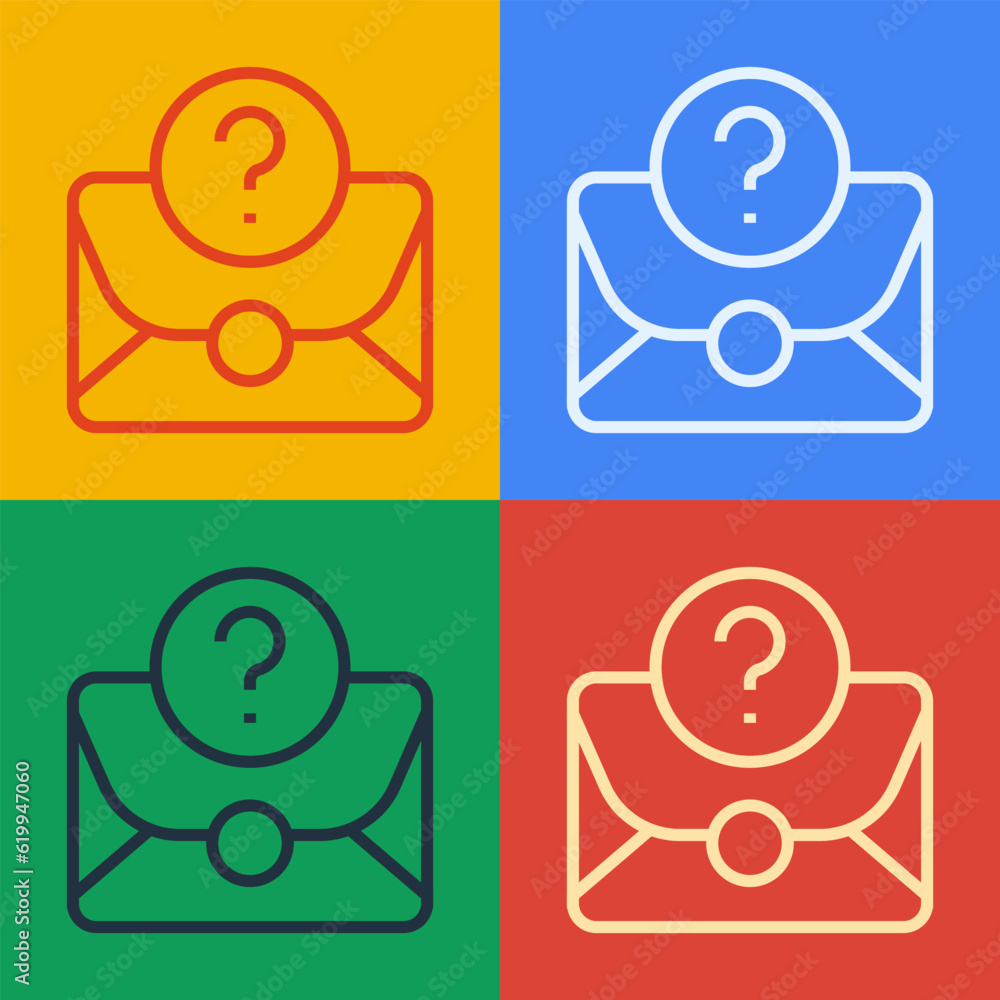 Poster pop art line envelope with question mark icon isolated on color background. letter with question mar