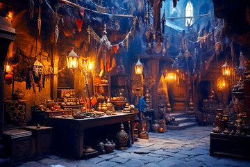 Fototapeta na wymiar ancient shop in eastern bazaar with lamps, brass trinkets, mysterious objects