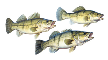 a group of Large-mouth bass, Micropterus salmoides in various positions in Aquatic-themed, photorealistic illustrations in a PNG, cutout, and isolated. Generative ai - obrazy, fototapety, plakaty