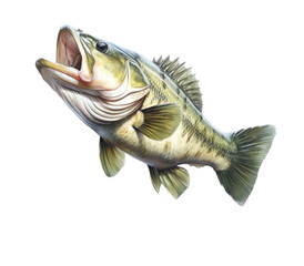 a Large-mouth bass, Micropterus salmoides in various positions in Aquatic-themed, photorealistic illustrations in a PNG, cutout, and isolated. Generative AI