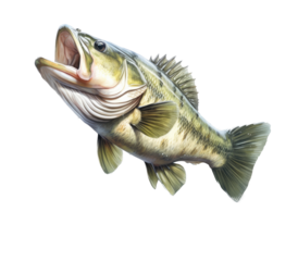 a Large-mouth bass, Micropterus salmoides in various positions in Aquatic-themed, photorealistic illustrations in a PNG, cutout, and isolated. Generative AI