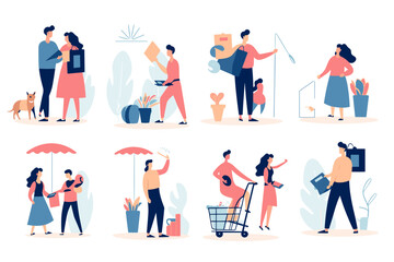 Fototapeta na wymiar Vector illustrations of men and women engaged in online shopping activities, including ecommerce, sales, product ordering, and delivery. Ideal for modern graphic and web design.