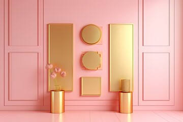 luxurious pink and gold room adorned with mirrors and vases