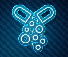 Glowing neon line Poisoned pill icon isolated on blue background. Pill with toxin. Dangerous drug. Vector