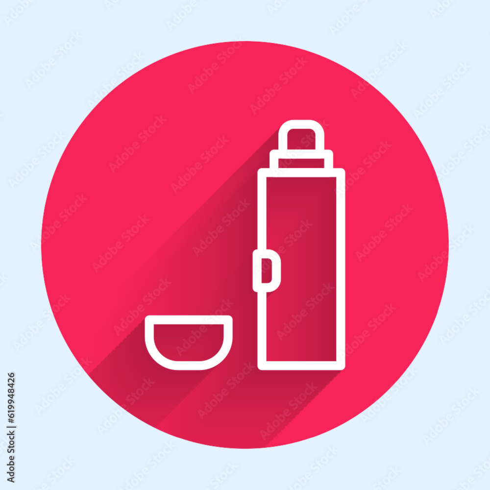 Poster white line thermos container icon isolated with long shadow background. thermo flask icon. camping a