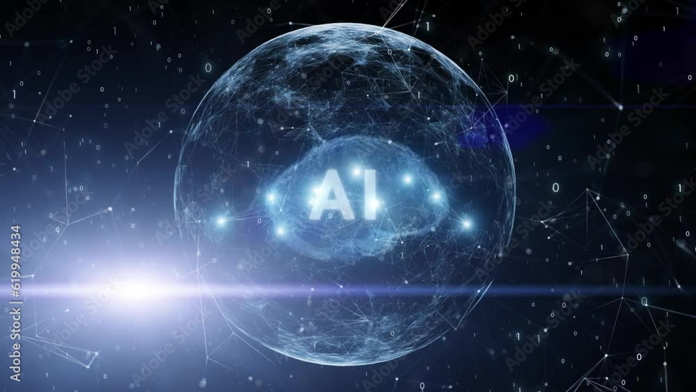 Poster futuristic shining glowing sphere with ai human brain animation. concept artificial intelligence.