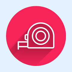 White line Roulette construction icon isolated with long shadow background. Tape measure symbol. Red circle button. Vector