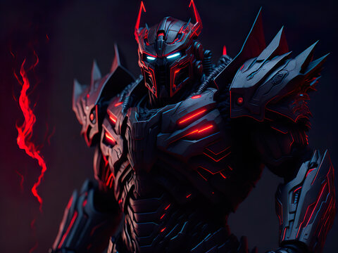 malvado robot negro con cuernos y armadura neon, ia generativa