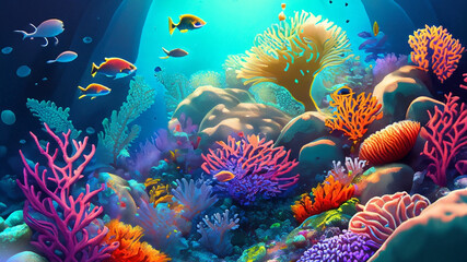 Naklejka na ściany i meble A mesmerizing underwater world featuring colorful coral reefs and exotic marine life.