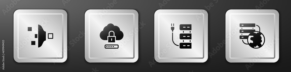 Poster set filter setting, cloud computing lock, server and network cloud connection icon. silver square bu