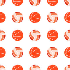 Seamless pattern of hand drawn basket and volley balls on isolated background. Basketball and volleyball design for back to school print, scrapbooking, textile, home and nursery decor, paper craft. 